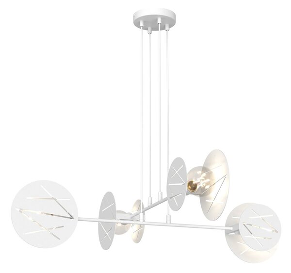 Lampadario 4 Luci Amon-Ra Acciaio Bianco Bracci Diffusori A Cerchio