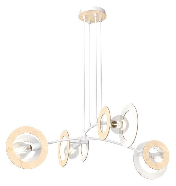 Lampadario 4 Luci Djehuty Acciaio Bianco Legno Naturale Diffusori Doppio Cerchio
