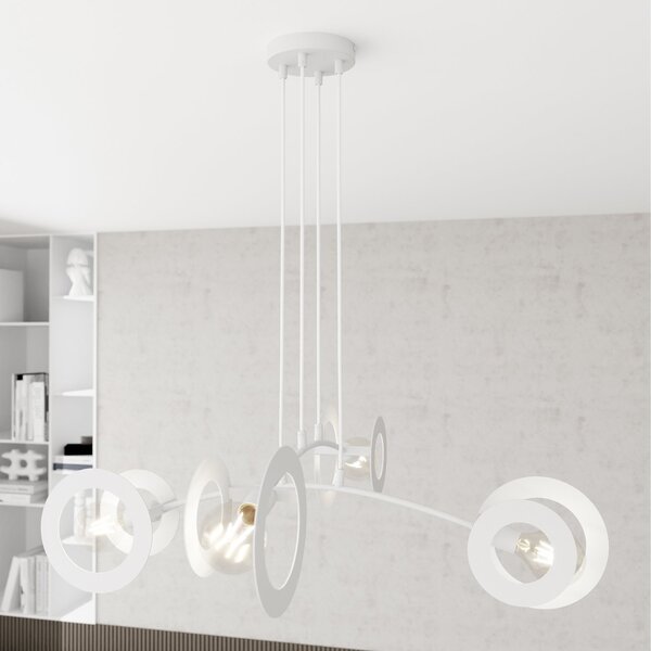 Lampadario 4 Luci Djehuty Acciaio Bianco Bracci Diffusori Doppio Cerchio