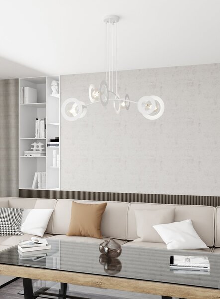 Lampadario 4 Luci Djehuty Acciaio Bianco Bracci Diffusori Doppio Cerchio