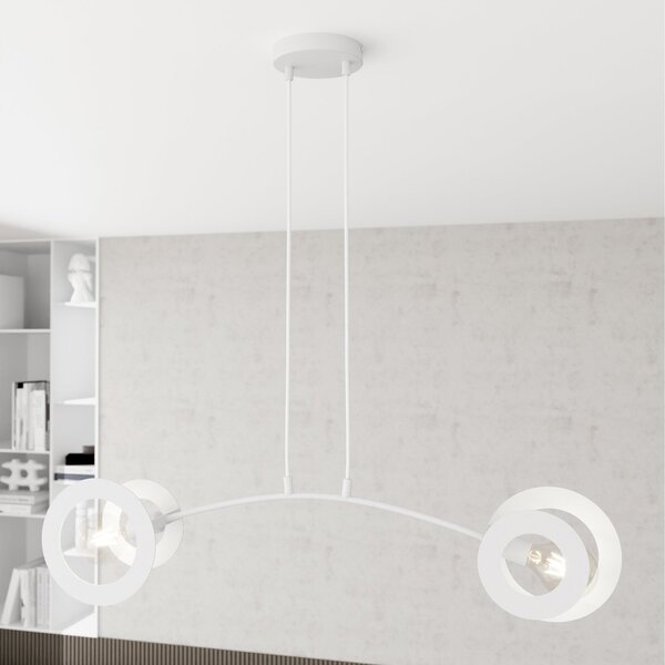 Lampadario 2 Luci Djehuty Acciaio Bianco Bracci Diffusori Doppio Cerchio