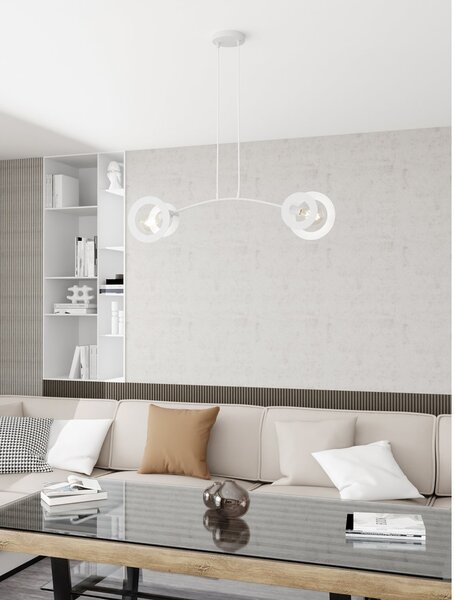 Lampadario 2 Luci Djehuty Acciaio Bianco Bracci Diffusori Doppio Cerchio
