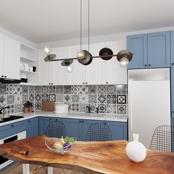 Lampadario 6 Luci Djehuty In Acciaio Nero Con Barra E Diffusori A Piatti