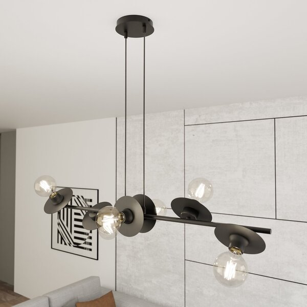 Lampadario 6 Luci Djehuty In Acciaio Nero Con Barra E Diffusori A Piatti