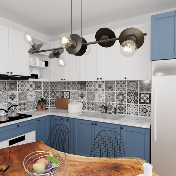 Lampadario 6 Luci Djehuty In Acciaio Nero Con Barra E Diffusori A Piatti