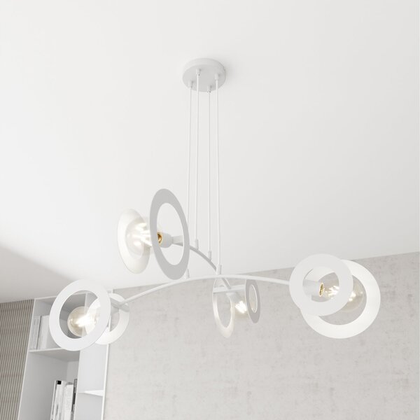Lampadario 4 Luci Djehuty Acciaio Bianco Bracci Diffusori Doppio Cerchio