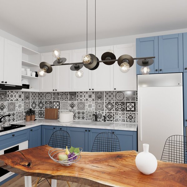 Lampadario 8 Luci Djehuty In Acciaio Nero Con Barra E Diffusori A Piatti