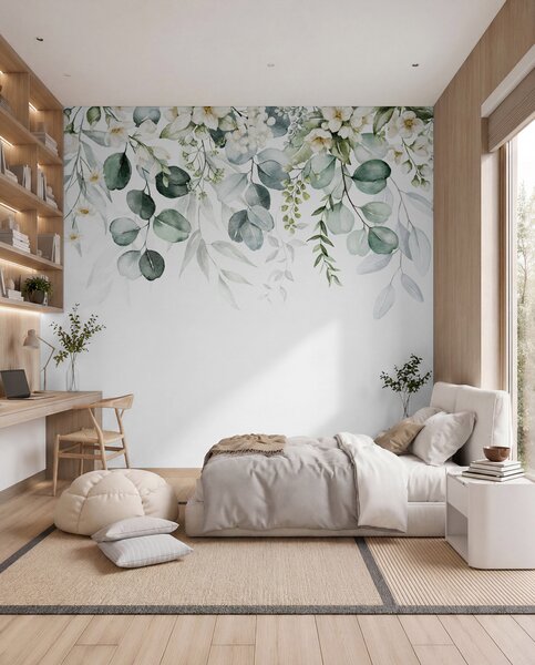 Carta da parati Illustrazione con foglie verdi, fiori bianchi, peonie e rami, Carta da parati Natura, Carta da parati Foglie, u96063 : Uwalls.it