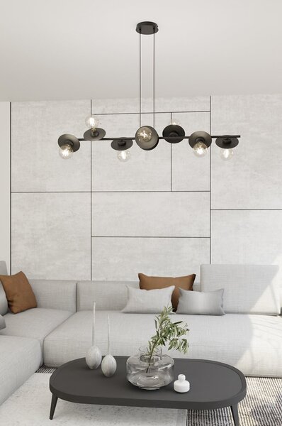 Lampadario 8 Luci Djehuty In Acciaio Nero Con Barra E Diffusori A Piatti