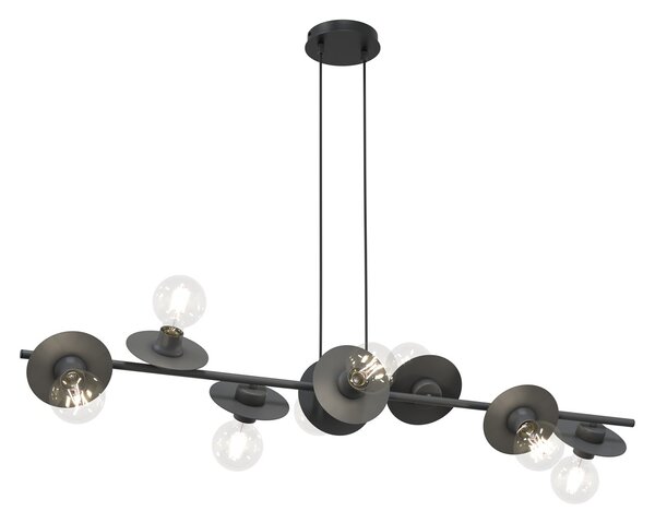 Lampadario 8 Luci Djehuty In Acciaio Nero Con Barra E Diffusori A Piatti
