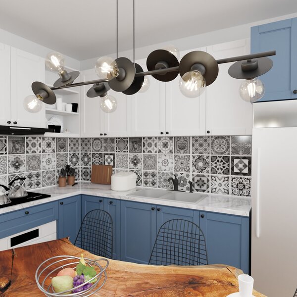 Lampadario 8 Luci Djehuty In Acciaio Nero Con Barra E Diffusori A Piatti