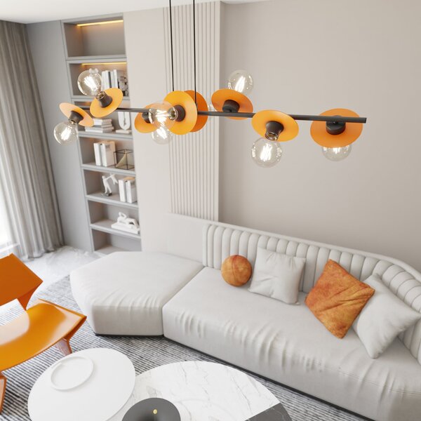 Lampadario 8 Luci Sakhmet Acciaio Nero E Arancio Con Barra E Diffusori A Piatti