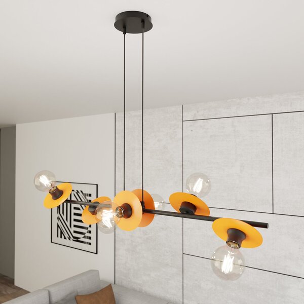 Lampadario 6 Luci Sakhmet Acciaio Nero E Arancio Con Barra E Diffusori A Piatti