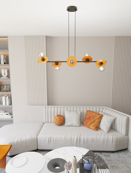Lampadario 6 Luci Sakhmet Acciaio Nero E Arancio Con Barra E Diffusori A Piatti