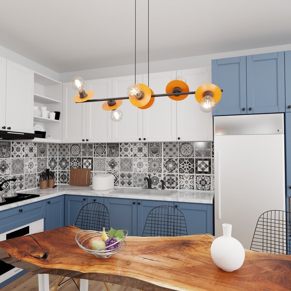Lampadario 6 Luci Sakhmet Acciaio Nero E Arancio Con Barra E Diffusori A Piatti