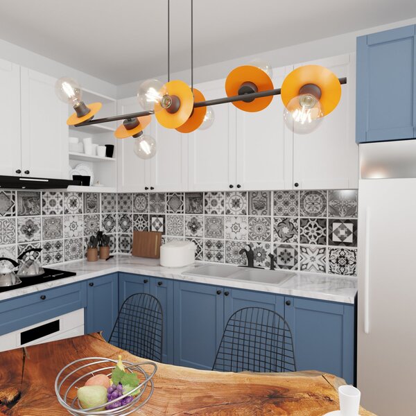 Lampadario 6 Luci Sakhmet Acciaio Nero E Arancio Con Barra E Diffusori A Piatti