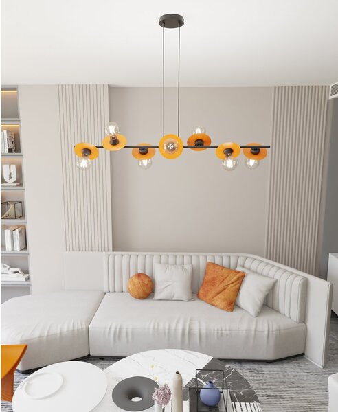 Lampadario 8 Luci Sakhmet Acciaio Nero E Arancio Con Barra E Diffusori A Piatti