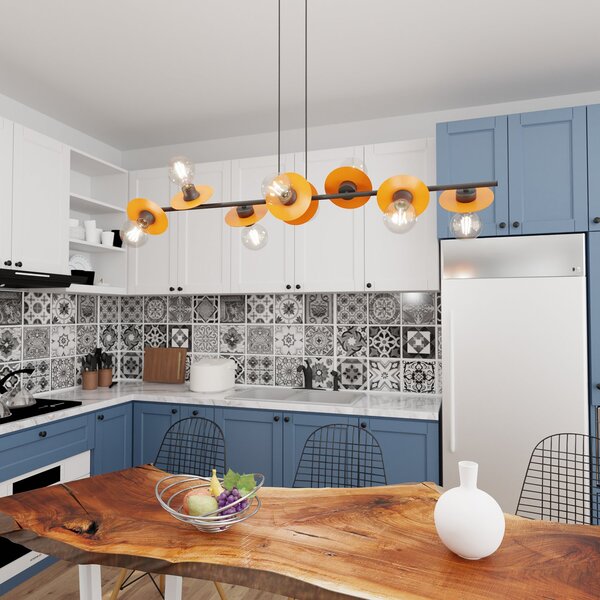Lampadario 8 Luci Sakhmet Acciaio Nero E Arancio Con Barra E Diffusori A Piatti