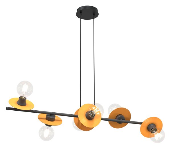 Lampadario 6 Luci Sakhmet Acciaio Nero E Arancio Con Barra E Diffusori A Piatti