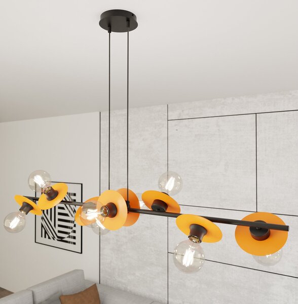 Lampadario 8 Luci Sakhmet Acciaio Nero E Arancio Con Barra E Diffusori A Piatti