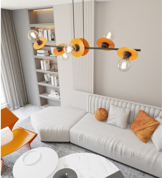 Lampadario 6 Luci Sakhmet Acciaio Nero E Arancio Con Barra E Diffusori A Piatti
