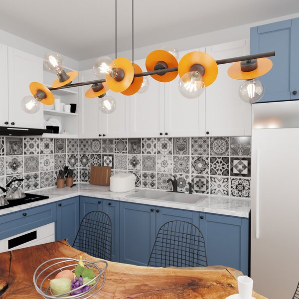 Lampadario 8 Luci Sakhmet Acciaio Nero E Arancio Con Barra E Diffusori A Piatti