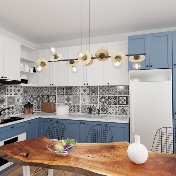 Lampadario 8 Luci Nuit Acciaio Nero E Legno Con Barra E Diffusori A Piatti