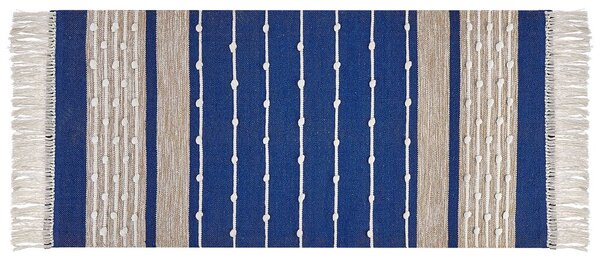 Tappeto in cotone blu e beige con nappe e motivo a strisce verticali 80 x 150 cm camera da letto soggiorno ingresso Beliani