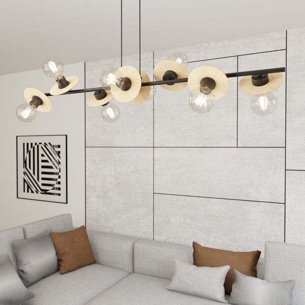 Lampadario 8 Luci Nuit Acciaio Nero E Legno Con Barra E Diffusori A Piatti