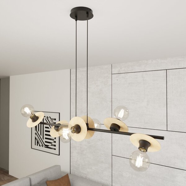 Lampadario 6 Luci Sakhmet Acciaio Nero E Legno Con Barra E Diffusori A Piatti