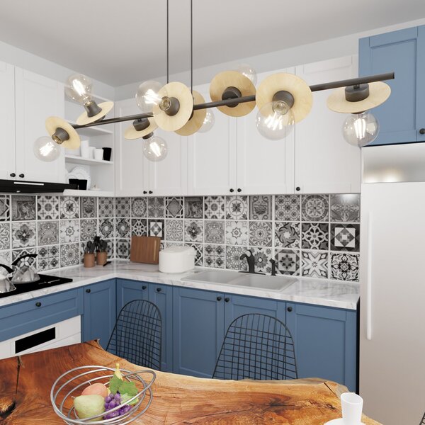 Lampadario 8 Luci Nuit Acciaio Nero E Legno Con Barra E Diffusori A Piatti