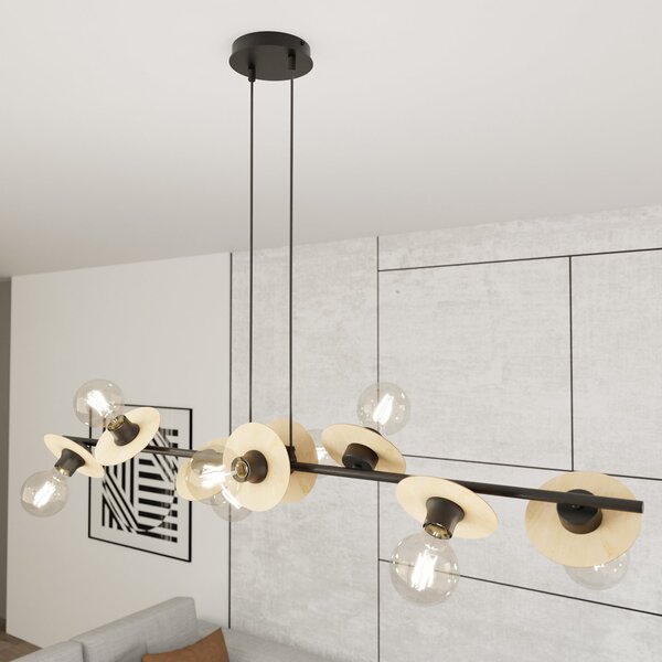 Lampadario 8 Luci Nuit Acciaio Nero E Legno Con Barra E Diffusori A Piatti