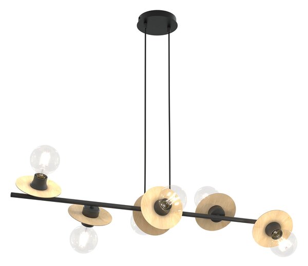 Lampadario 6 Luci Sakhmet Acciaio Nero E Legno Con Barra E Diffusori A Piatti