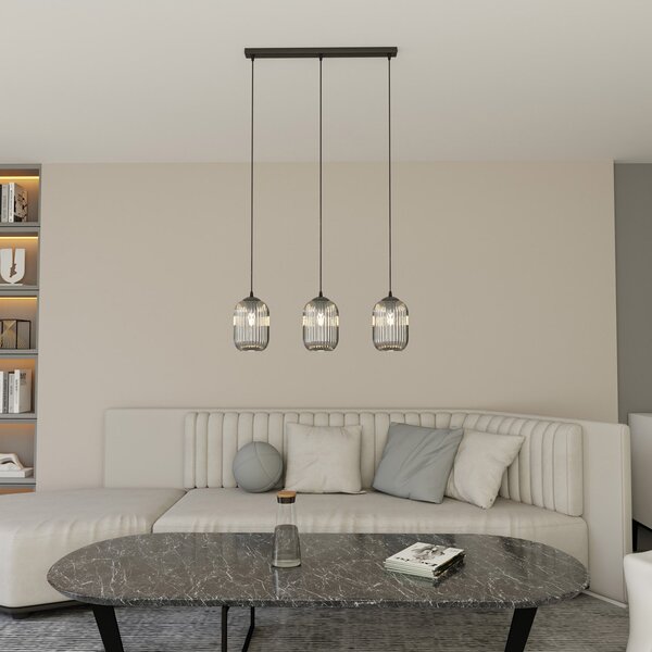 Lampadario 3 Luci Nuit In Acciaio Nero E Vetri Plissettati Fumè