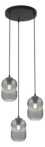 Lampadario 3 Luci Nuit Base Tonda Acciaio Nero E Vetri Plissettati Fumè