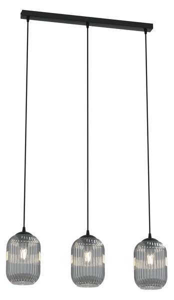 Lampadario 3 Luci Nuit In Acciaio Nero E Vetri Plissettati Fumè