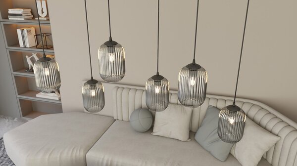 Lampadario 3 Luci Nuit Base Tonda Acciaio Nero E Vetri Plissettati Fumè