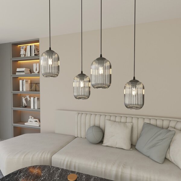 Lampadario 4 Luci Nuit In Acciaio Nero E Vetri Plissettati Fumè