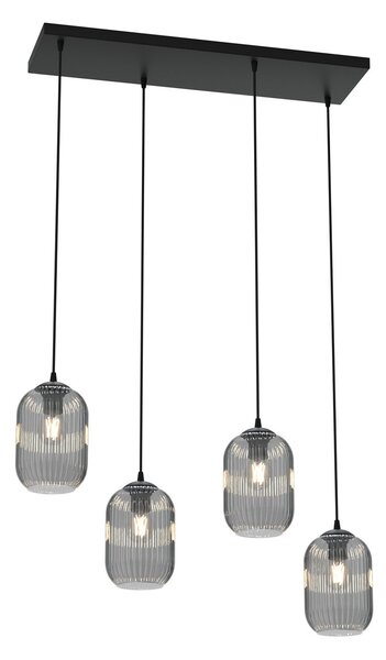 Lampadario 4 Luci Nuit In Acciaio Nero E Vetri Plissettati Fumè