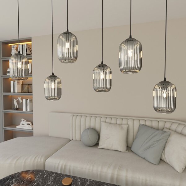 Lampadario 6 Luci Nuit In Acciaio Nero E Vetri Plissettati Fumè