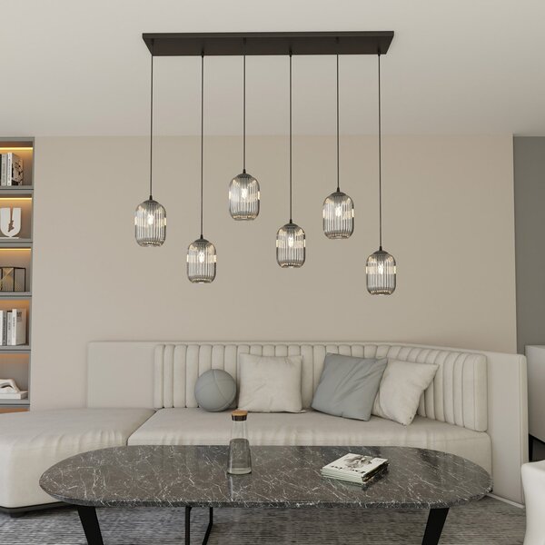 Lampadario 6 Luci Nuit In Acciaio Nero E Vetri Plissettati Fumè