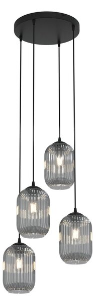 Lampadario 4 Luci Nuit Base Tonda Acciaio Nero E Vetri Plissettati Fumè