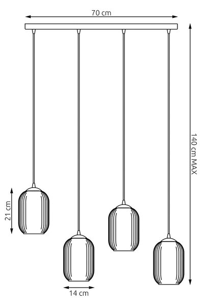 Lampadario 4 Luci Nuit In Acciaio Nero E Vetri Plissettati Fumè