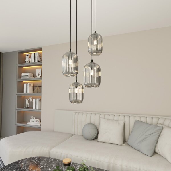 Lampadario 4 Luci Nuit Base Tonda Acciaio Nero E Vetri Plissettati Fumè
