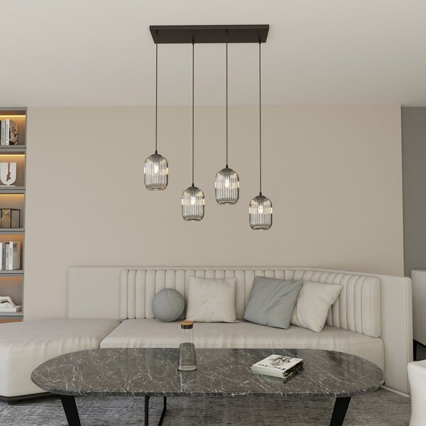 Lampadario 4 Luci Nuit In Acciaio Nero E Vetri Plissettati Fumè