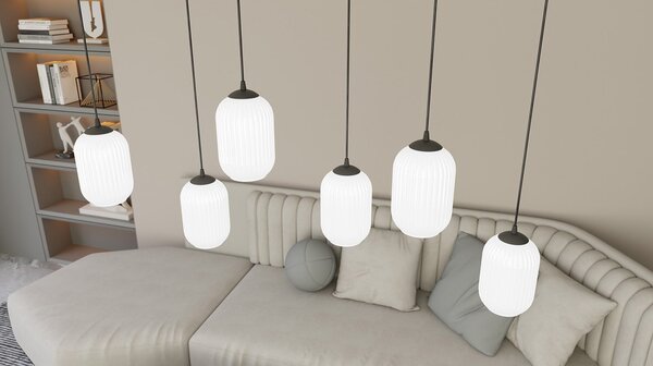 Lampadario 6 Luci Nuit In Acciaio Nero E Vetri Plissettati Bianchi