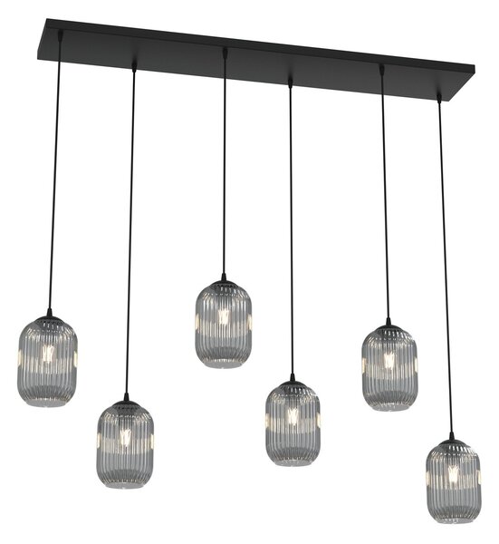 Lampadario 6 Luci Nuit In Acciaio Nero E Vetri Plissettati Fumè