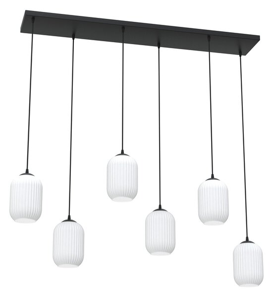 Lampadario 6 Luci Nuit In Acciaio Nero E Vetri Plissettati Bianchi