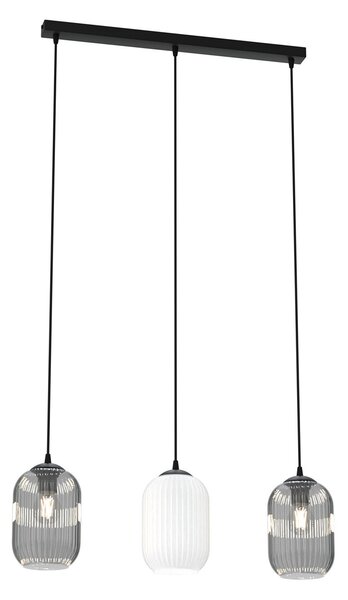 Lampadario 3 Luci Nuit Acciaio Nero E Vetri Plissettati In Bianco E Fumè