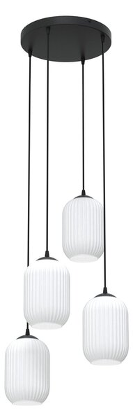Lampadario 4 Luci Nuit Base Tonda Acciaio Nero Vetri Plissettati Bianchi